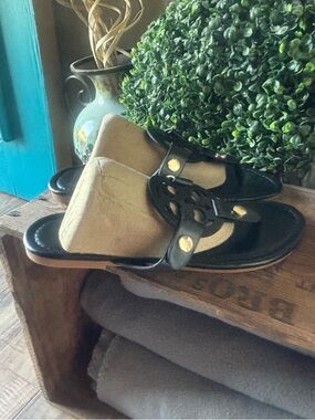 Black Leather Slip-On Sandals with Gold Studs Size 38